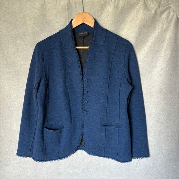 Eileen Fisher Blue Wool Snap Closure Fringe edges size PL - Picture 1 of 8